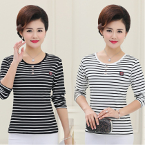 Mother autumn dress stripes base shirt middle-aged and elderly autumn clothes wear women 40-50 years old middle-aged women cotton long sleeve T-shirt