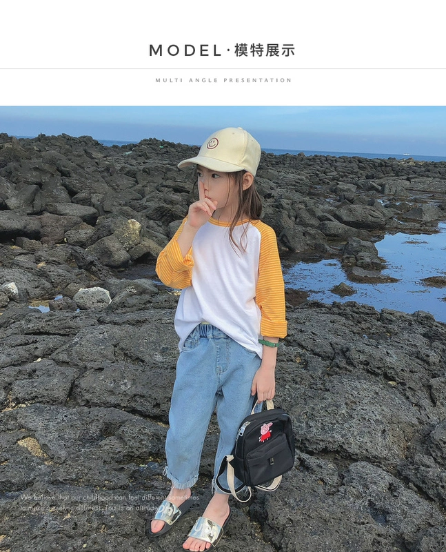 Bé gái 2018 mùa thu mới phiên bản Hàn Quốc của áo phông đáy trẻ em sọc nước ngoài sọc cotton dài tay cổ tròn áo thun áo thun bé trai