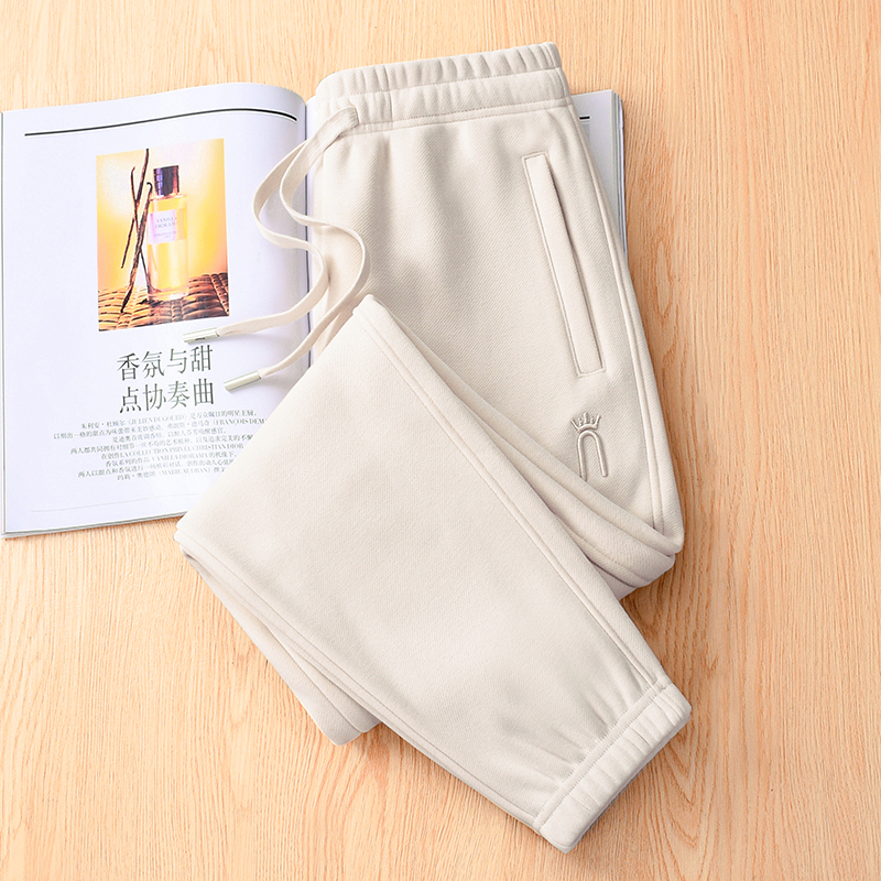 Apricot-Colored Fleece-Lined Sweatpants for Women, Suitable for Spring, Autumn, and Winter, Thickened with Polar Fleece, Slim-Fit, Lantern-Style Casual Harem Pants, European Style