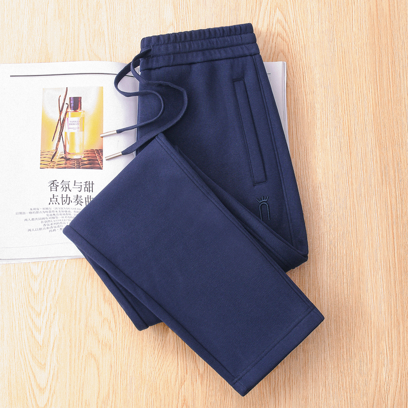High-End Navy Blue Fleece-Lined Sweatpants for Women, Suitable for Spring, Autumn, and Winter, Thickened with Thin Fleece, Zippered, Loose-Fitting, Stylish, Casual Straight-Leg Pants