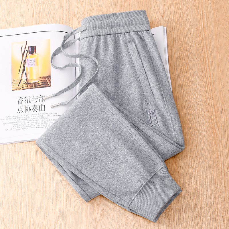 100% Cotton Light Gray Spring and Autumn Thin Jogger Pants for Women, High-Waisted, Plus Size, Tapered, Casual Sweatpants