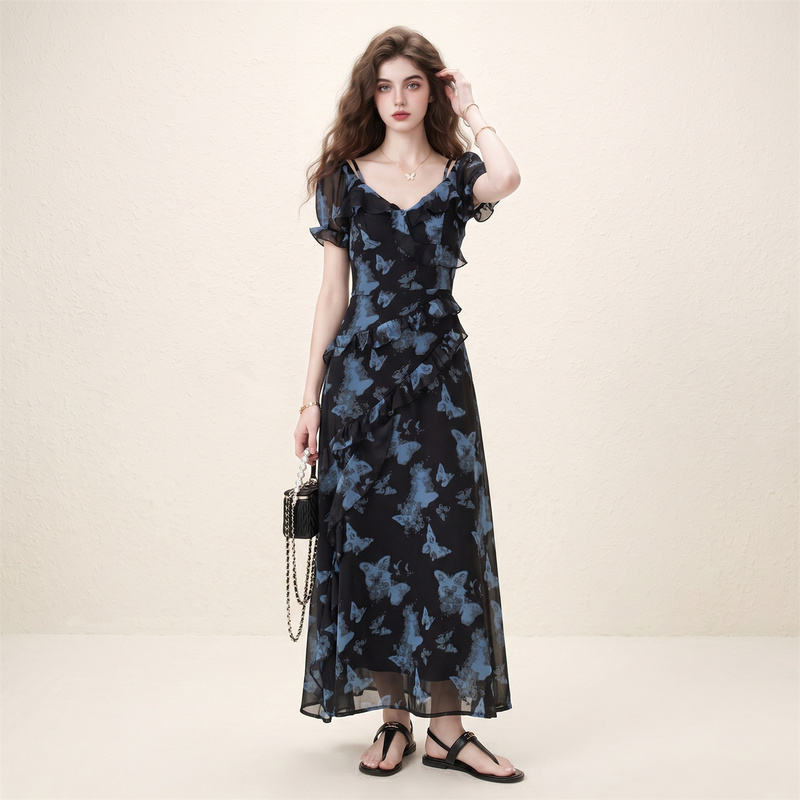Morin Monet-Style Contrasting Floral Puff-Sleeve Cinched Waist Dress 2026 New Exquisite High-End A-Line Dress