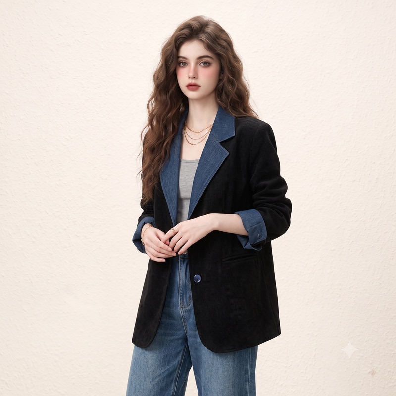 Morin Black Denim Patchwork Lapel Blazer for Women, Autumn 2026 New Vintage Style Coat, Popular Item Morin Black Denim Patchwork Lapel Blazer for Women, Autumn 2026 New Vintage Style Coat, Popular Item
