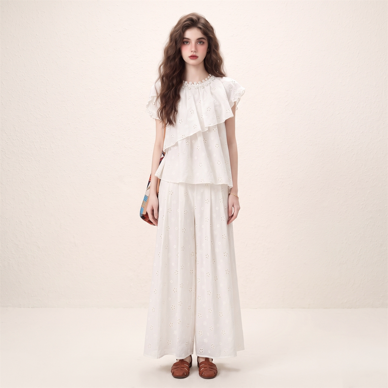 Morin Ruffled Irregular Shirt and Wide-Leg Pants Set for Women, Summer 2026 New Style, High-End Two-Piece Set, Popular Item