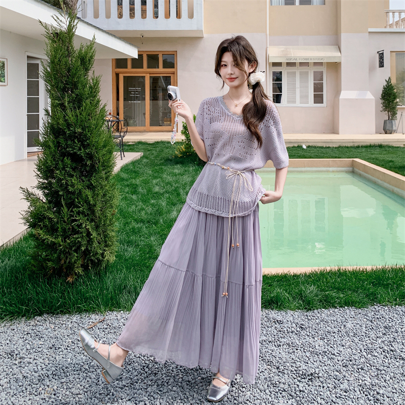 Purple Tyndall Hollow-Out Top and Skirt Set for Women, Spring/Summer 2026 New Slim-Fit Fashionable Trendy Two-Piece Set