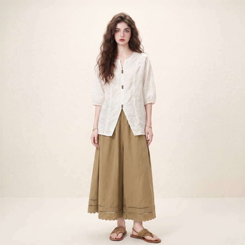 Morin High-End Exquisite Puff Sleeve Embroidered Sun Protection Top and Wide-Leg Pants Set for Women, Summer 2026 New Two-Piece Set