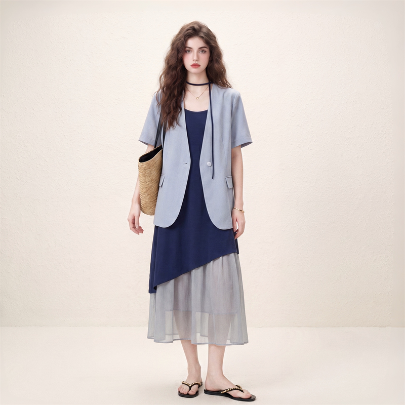 Morin Salt-Style Mature Chic Mesh Patchwork Dress Suit with Short Sleeves for Women, Summer 2026 New Two-Piece Set