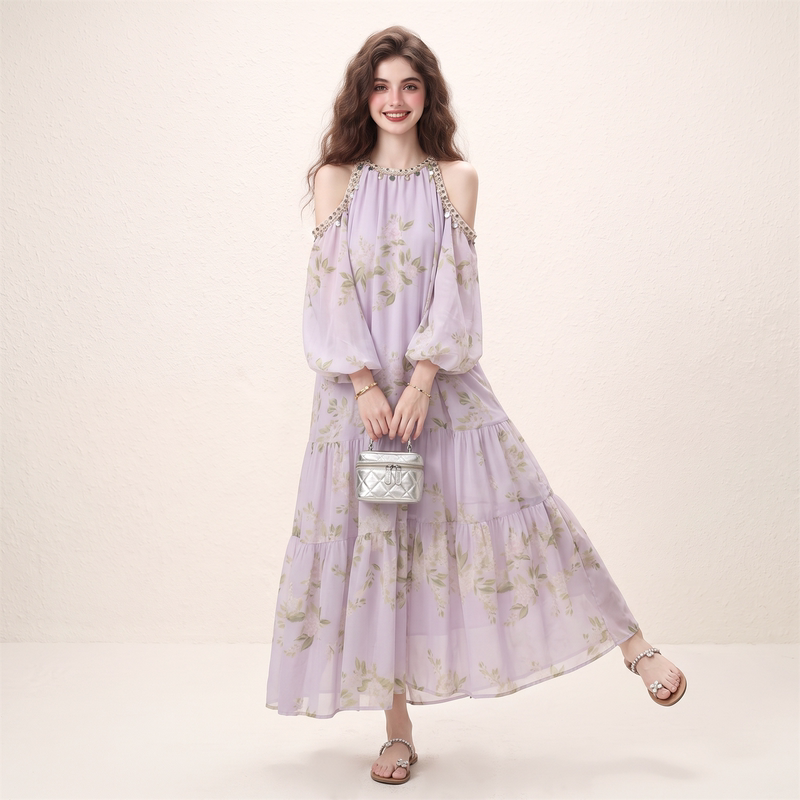 Morin Soft Mist Purple Contrasting Floral Off-Shoulder Dress for Women Summer 2026 New Style Gentle and Beautiful Elegant Long Dress Morin Soft Mist Purple Contrasting Floral Off-Shoulder Dress for Women Summer 2026 New Style Gentle and Beautiful Elegant Long Dress