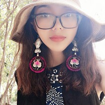Ethnic style all handmade old embroidery rattan earrings personality old embroidery jewelry Joker exaggerated earrings