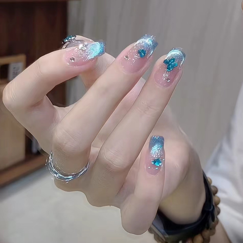 Dreamy Fairy Summer White-Blue Cat-Eye French Style Detachable High-End Nail Patches, Handmade Nail Art