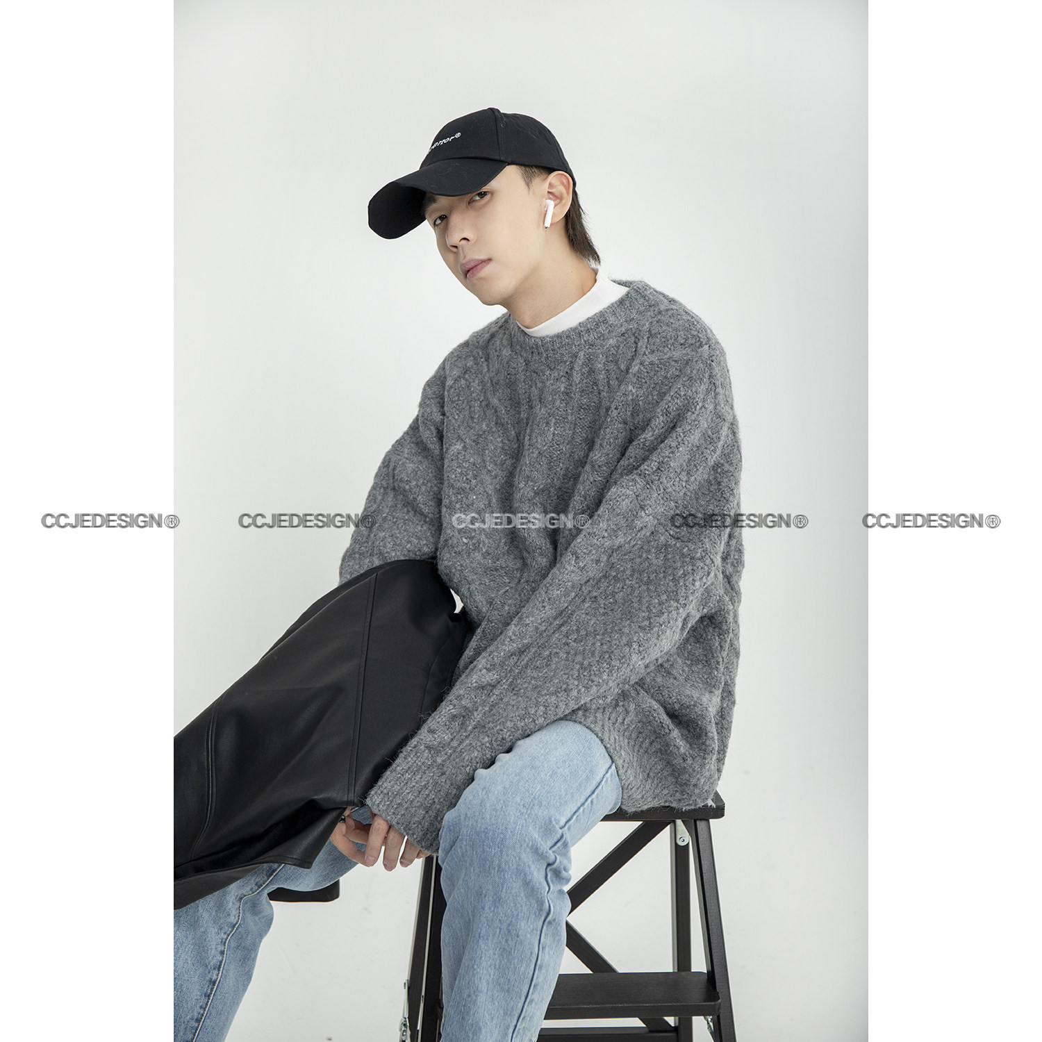 CCJE ultra-thick-knitted sweatshirt for men's spring and summer Korean version trendline shirt mesh red loose round collar grey hooded sweater