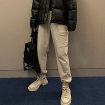 CCJE autumn and winter frock sweatpants mens trend loose nine-point casual pants small feet tied feet plus velvet sweatpants tide