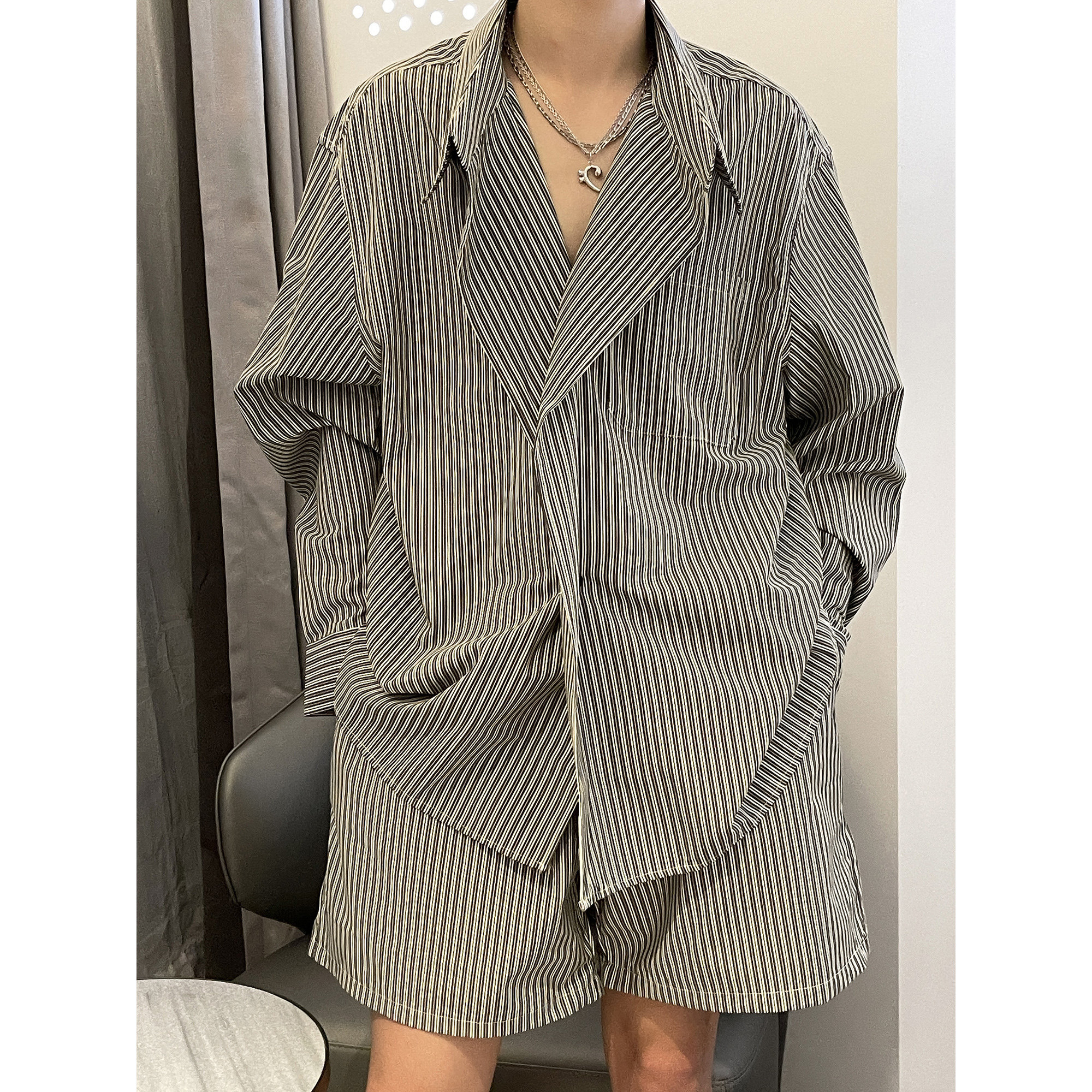 CCJE Summer Lazy Wind long sleeves shirt trendy ruffes Loose Striped Shirt Casual Net Red Fried Street Suit Men