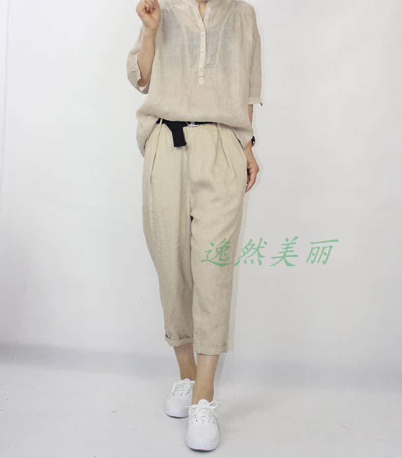 Zuo Cun đích thực cotton và áo sơ mi vải lanh rộng rãi áo sơ mi nữ mùa hè 2019 áo mới 95123 - Cộng với kích thước quần áo quần ống rộng nữ