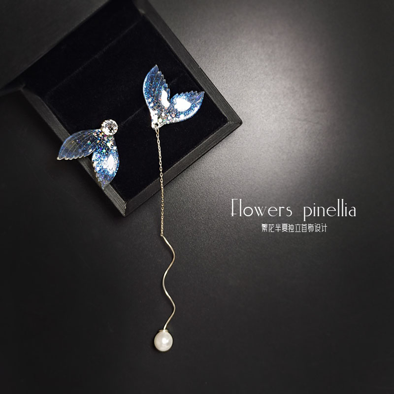 Polarized Color Fish Tail Pure Silver Pearl Earline Mermaid Tail Zircons Stones earrings Moonlight blue Man fish Ji Earring ear clip