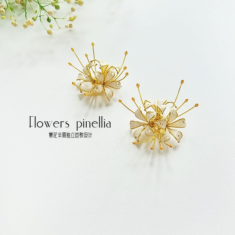 Mandala Hua white other side flower long earrings 925 sterling silver ear pin ear clips antique personalized gift