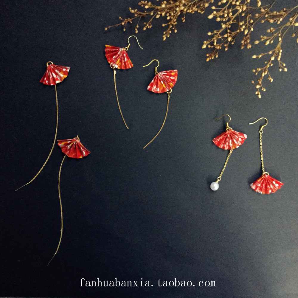 Red fan, sterling silver earrings, fringed fan-shaped ear hooks, earrings, earrings, ear clips, long version, asymmetrical Hanfu accessories, women