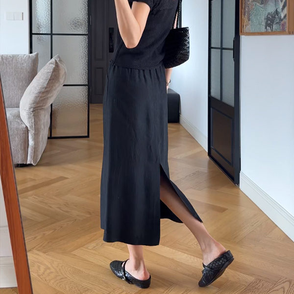 【Yibei Eby】Acetate Long Skirt Black Casual Skirt Satin Summer Women's Skirt New Style Skirt 251253 #