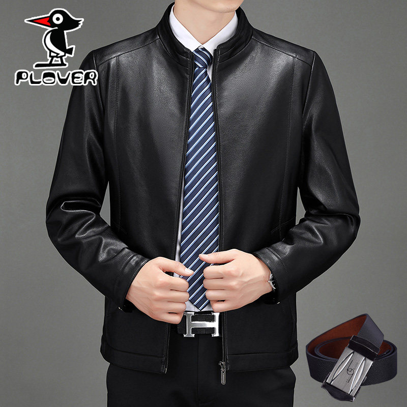 Woodpecker middle-aged men's jacket leather coat Hainen sheep leather genuine leather jacket stand collar autumn winter plus suede eggplant