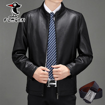 Woodpecker middle-aged mens jacket leather jacket Haining sheep leather jacket stand collar autumn and winter plus velvet jacket slim