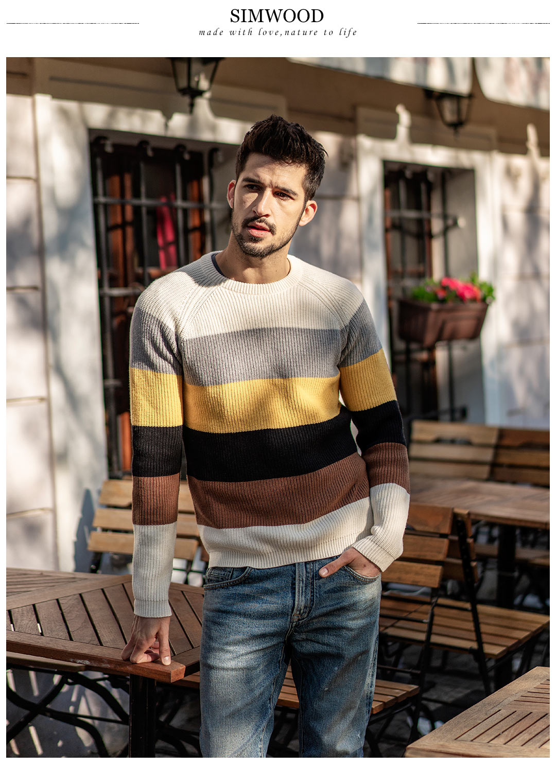 Simwood Jane gỗ nam mùa thu và mùa đông mới pha trộn raglan cashmere tay áo cổ tròn sọc áo len nam áo giữ nhiệt nam
