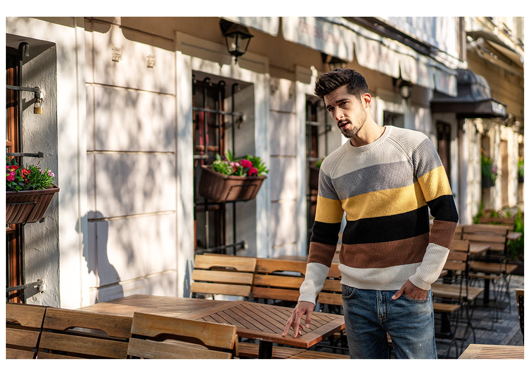 Simwood Jane gỗ nam mùa thu và mùa đông mới pha trộn raglan cashmere tay áo cổ tròn sọc áo len nam áo giữ nhiệt nam