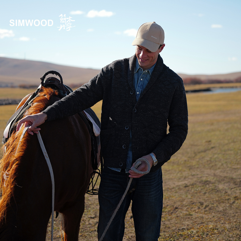 Simwood/Jianmu Denim【Loose Fit】7-Needle Retro Jacquard Green Fruit Collar Cardigan Knit Sweater for Men