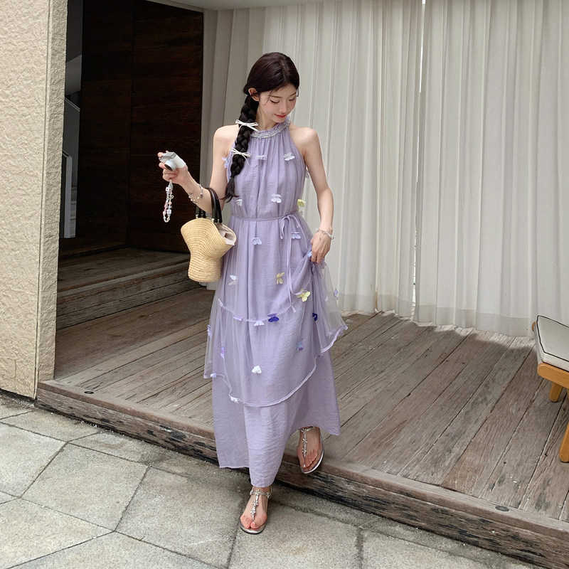 Purple Early Summer Stunning Atmosphere Halter Neck Dress for Women 2026 New Style Fairy Holiday Style Three-Dimensional Butterfly Long Dress