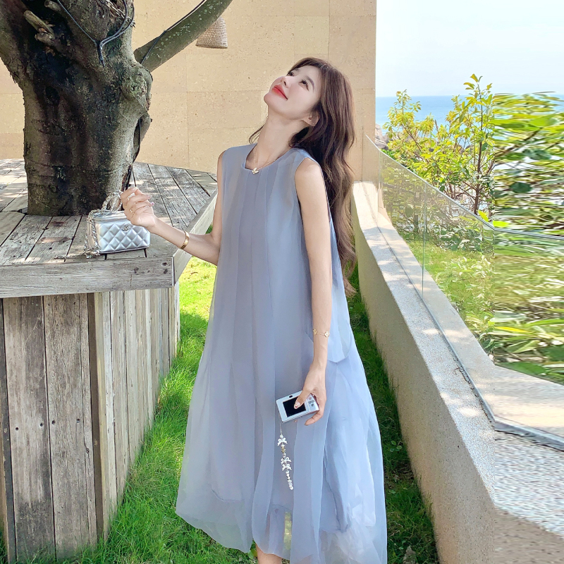 Blue Playful and Beautiful Sleeveless Dress with a Sense of Atmosphere, Summer French-Style Gentle Mesh Flower Bud Tank Dress, 2026 New Model Blue Playful and Beautiful Sleeveless Dress with a Sense of Atmosphere, Summer French-Style Gentle Mesh Flower Bud Tank Dress, 2026 New Model
