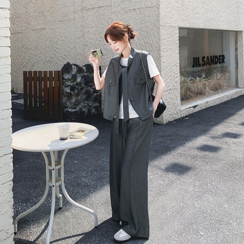 Gray High-Fashion Lace-Up Vest Set for Women, 2026 Summer New Casual Three-Piece Set with Wide-Leg Pants