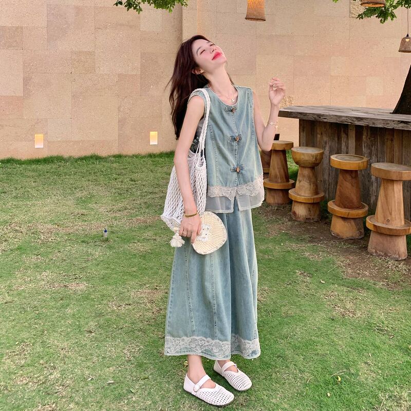 Summer Trendy Hot-Selling Style: Light Chinese-Style Lace Patchwork Denim Vest and High-Waisted Wide-Leg Pants Two-Piece Set for Women, 2026 New Model