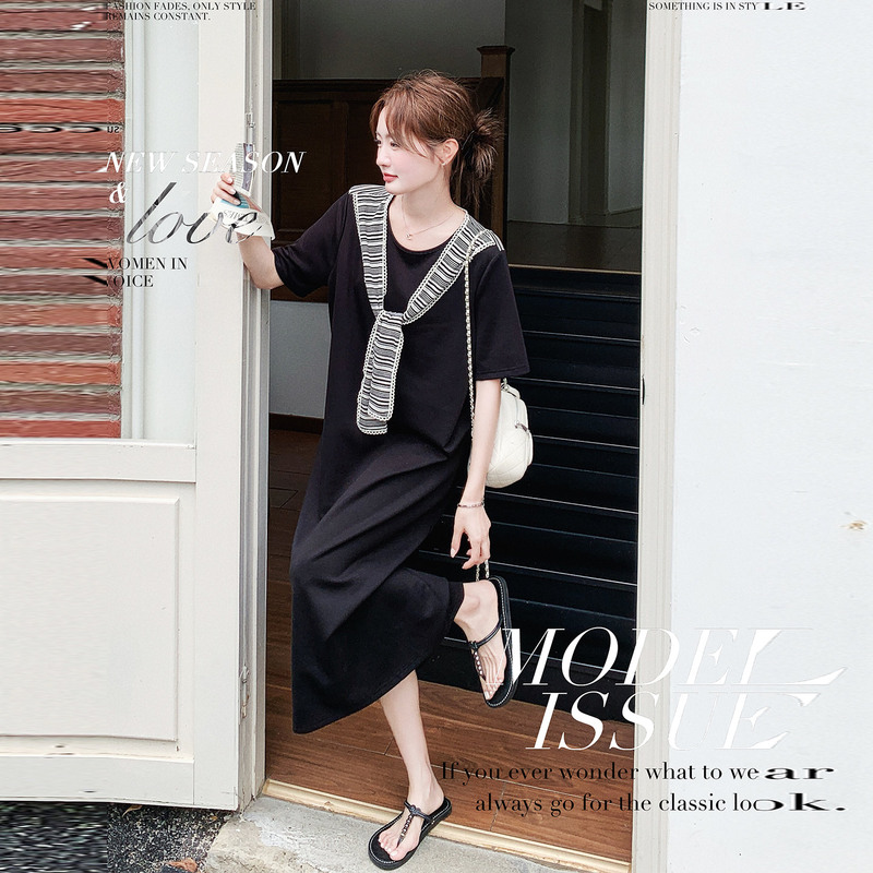 2026 New Black Simple and Casual Style T-Shirt Dress, Summer New Design with Shawl Splicing, Fake Two-Piece Dress