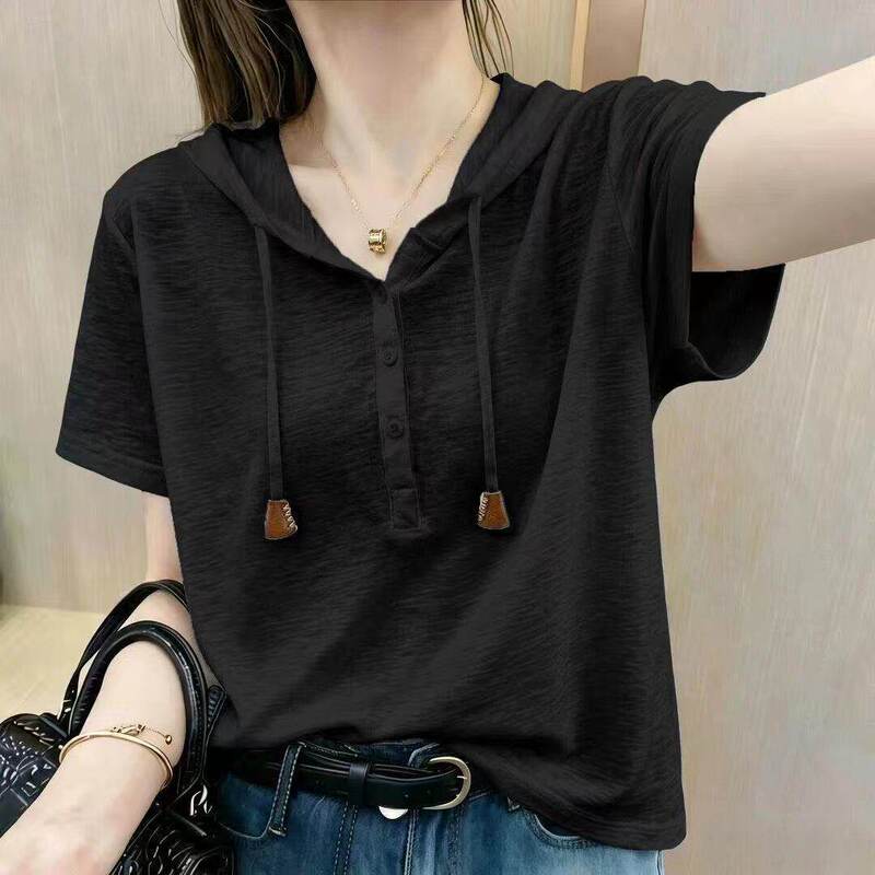 Casual Hooded T-Shirt 2026 Summer New Style Bamboo Cotton Thin Short-Sleeved Korean Style Loose and Versatile Top Base Shirt