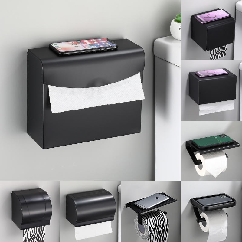 Space aluminum black mobile phone holder toilet roll paper towel holder bathroom toilet paper holder toilet paper towel box free of punching
