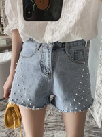 Quần short denim nữ mùa hè 2019 mới khoe eo cao eo thon mỏng manh Hồng Kông sinh viên sáng màu quần nóng thủy triều - Quần jean quần jean baggy nữ lưng cao