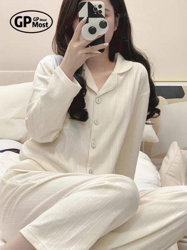 Pure Cotton 100% Japanese Gp Solid Color Mulberry Silk Pajamas for Women, Long-Sleeved Cardigan, Spring, Autumn and Winter Two-Piece Set, Loungewear