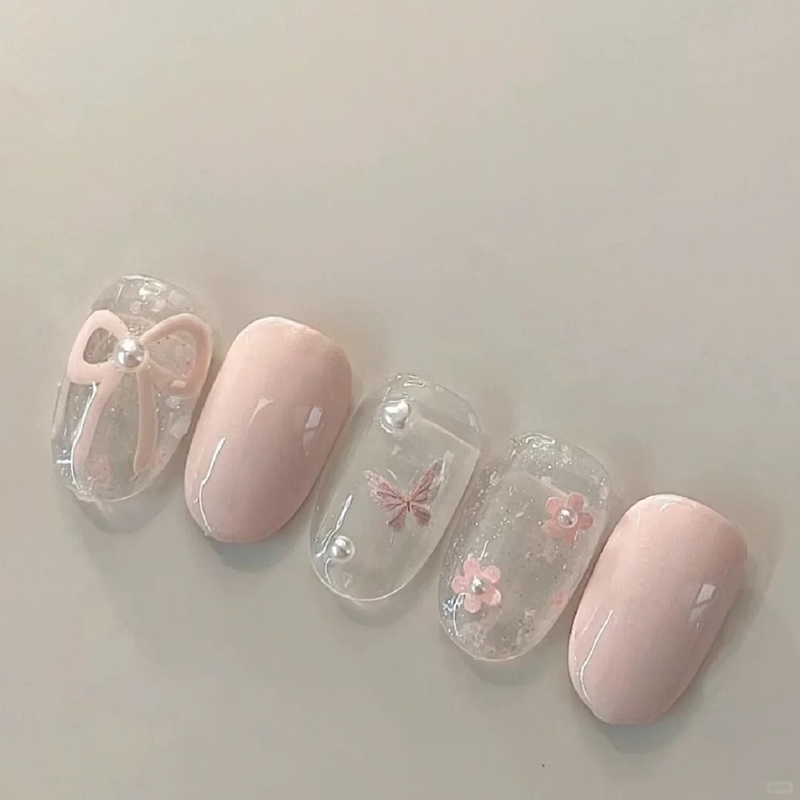 2026 New Year's Handmade Wearable Nails, Sweet Cherry Blossom Pink Ballet Finished Nail Art, Short Style Nail Patches
