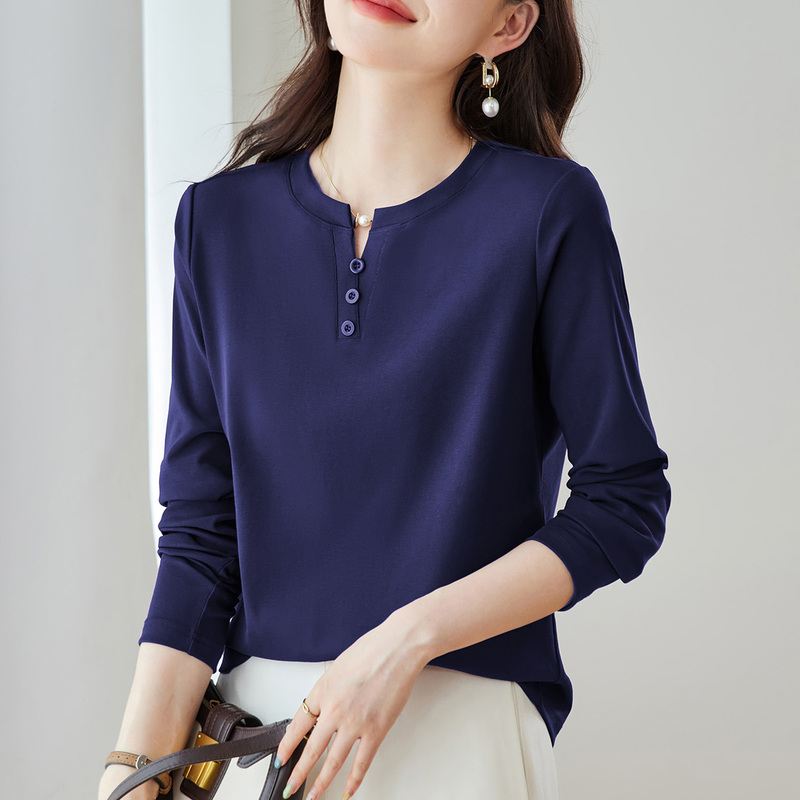 Right-Shoulder V-Neck Pure Cotton Long-Sleeve T-Shirt for Women, Inner Layer Base Shirt, 2026 New Autumn Slim-Fit Outerwear with a Sense of Design