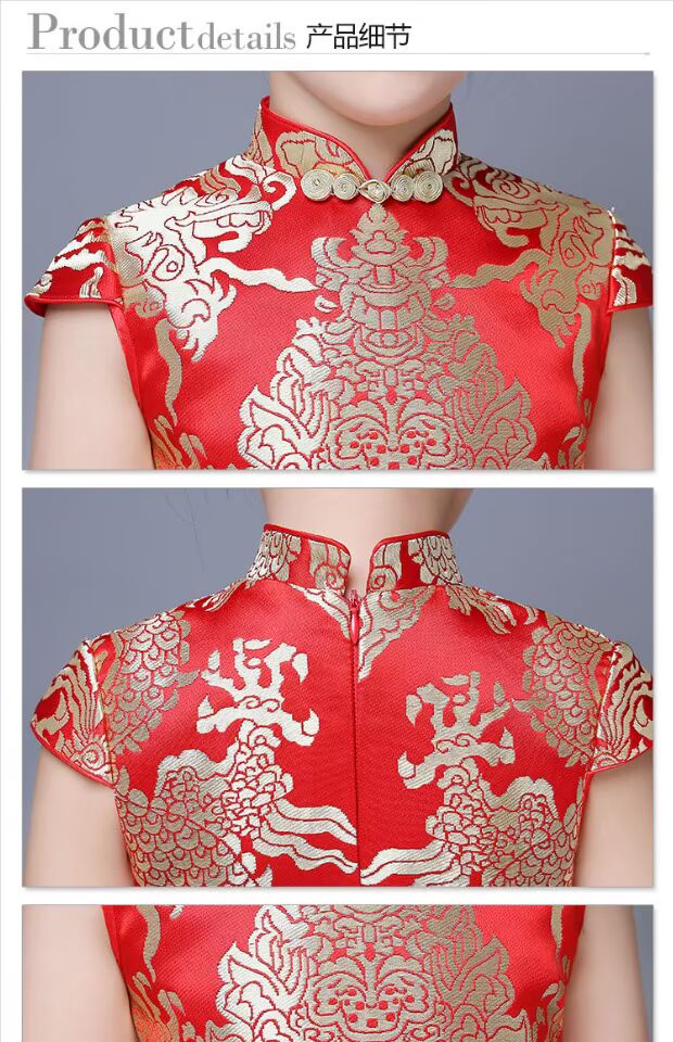 Váy trẻ em mùa xuân và mùa hè mới satin hoa cô gái ăn mặc nữ lớn trẻ em trình diễn váy váy sườn xám váy công chúa váy bộ đồ vest bé trai lịch lãm