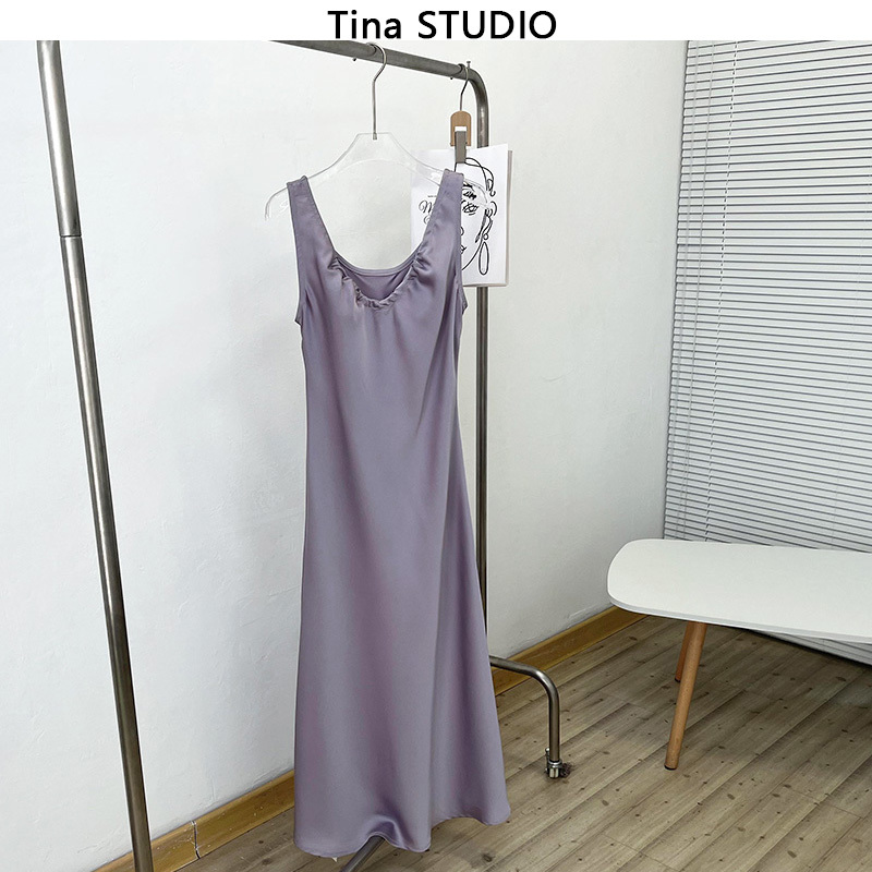 Everyone Loves the Purple Satin Fishtail Dress with Tie-Neck U-Neckline, French-Style Vibe, Sleeveless Dress for Women in Summer Everyone Loves the Purple Satin Fishtail Dress with Tie-Neck U-Neckline, French-Style Vibe, Sleeveless Dress for Women in Summer