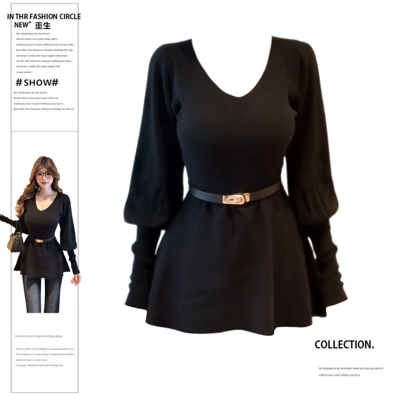 Rebirth Style Slightly Chubby Girl Korean Style Black V-Neck Waist-Cinching Knit Sweater for Women, Autumn and Winter Slim Fit Slimming Belt Sweater Top