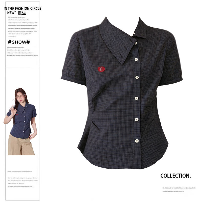 Rebirth Style Slightly Chubby Girl Korean Loose Plaid Shirt Women's Short-Sleeved Turn-Down Collar Cardigan Summer New American Retro Top