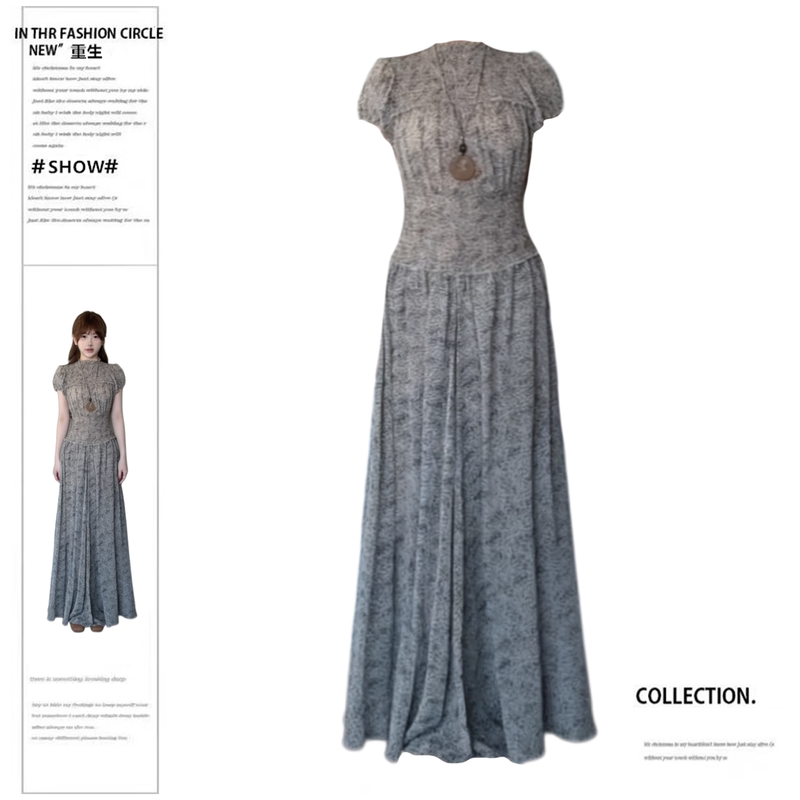 Rebirth Style Plus-Size French-Style Elegant Stand-Up Collar Dress for Women, New Spring/Summer Waist-Cinching Vacation Style Slim-Fit Pleated Long Dress