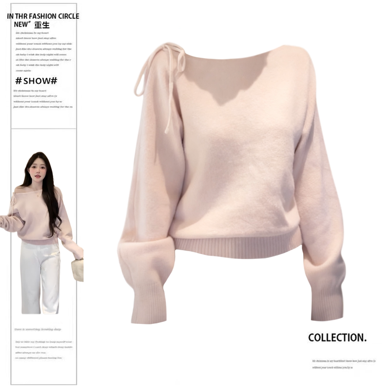Rebirth Style for Slightly Chubby Women: Lazy Pink Off-Shoulder Batwing Sleeve Knit Sweater, Loose Fit, High-End Feel