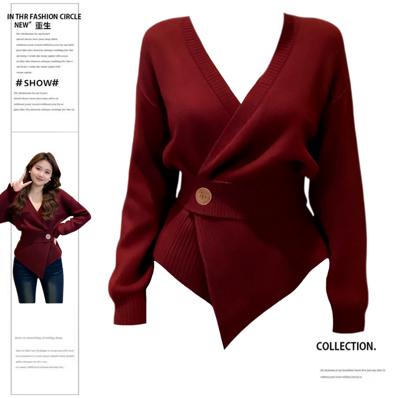 Rebirth Style Slightly Chubby Girl Retro Burgundy V-Neck Waist-Cinching Knit Sweater for Women, Winter Long-Sleeve, Complexion-Enhancing Christmas Red Sweater Top