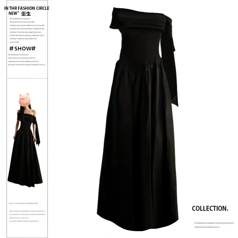 Rebirth Style Plus-Size Hepburn-Inspired Off-Shoulder Dress with Ribbon, Large Skirt, Asymmetrical Shoulder, Black Dress for Women, Summer Slimming Long Dress