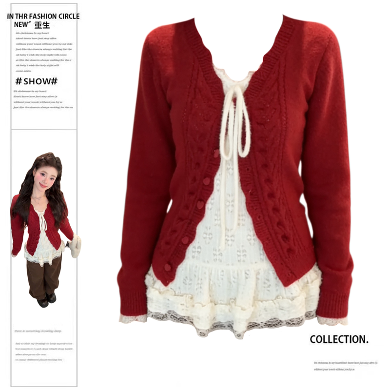 Rebirth of a Slightly Chubby Girl: Christmas and New Year Atmosphere Outfit Set, New Autumn and Winter Knit Red V-Neck Sweater