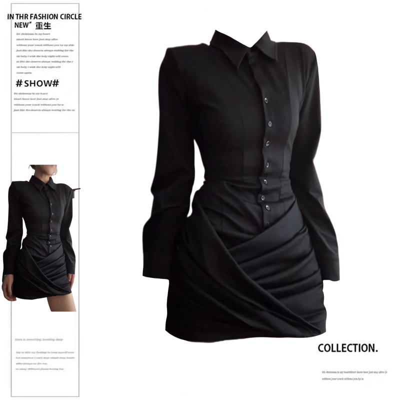 Rebirth Style Slightly Chubby Girl Black Waist-Cinching Shirt Dress for Women, Autumn and Winter, Waist-Hugging, Hip-Covering, High-End, Elegant, Slim-Fit Dress