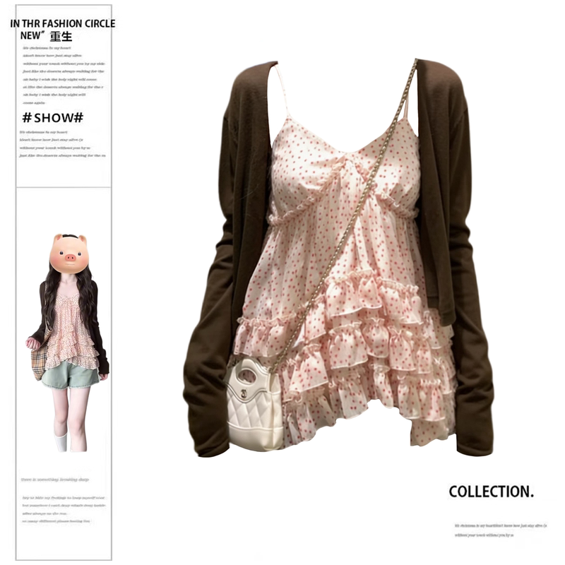 Rebirth Style Casual Polka Dot Camisole Cardigan for Women, Spring Long-Sleeve V-Neck Layered Lace Pure Desire A-Line Top Rebirth Style Casual Polka Dot Camisole Cardigan for Women, Spring Long-Sleeve V-Neck Layered Lace Pure Desire A-Line Top