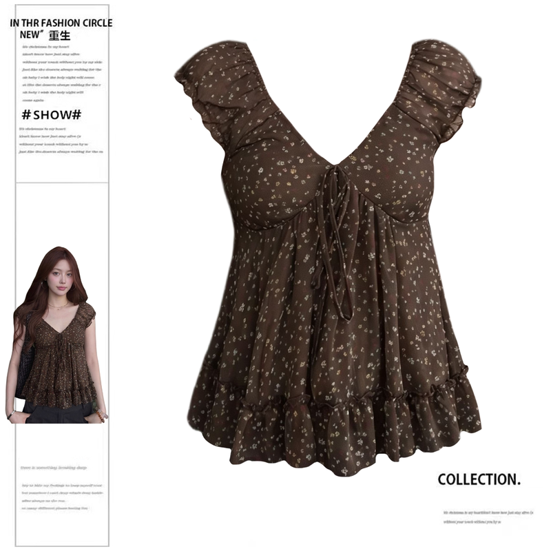 Rebirth Style Slightly Chubby Girl French Retro V-Neck Flutter Sleeve Floral Top for Women, Summer Waist-Cinching Slimming Tie-Up Babydoll Shirt Rebirth Style Slightly Chubby Girl French Retro V-Neck Flutter Sleeve Floral Top for Women, Summer Waist-Cinching Slimming Tie-Up Babydoll Shirt